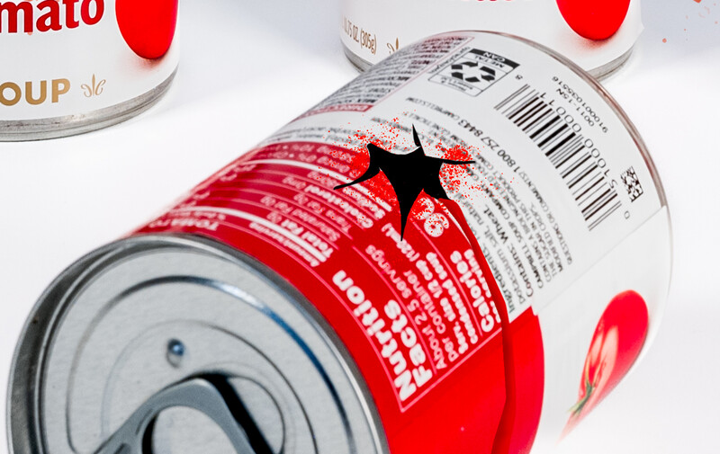 Overhead view of opened canned soup with red and white label showing nutritional information and barcode.