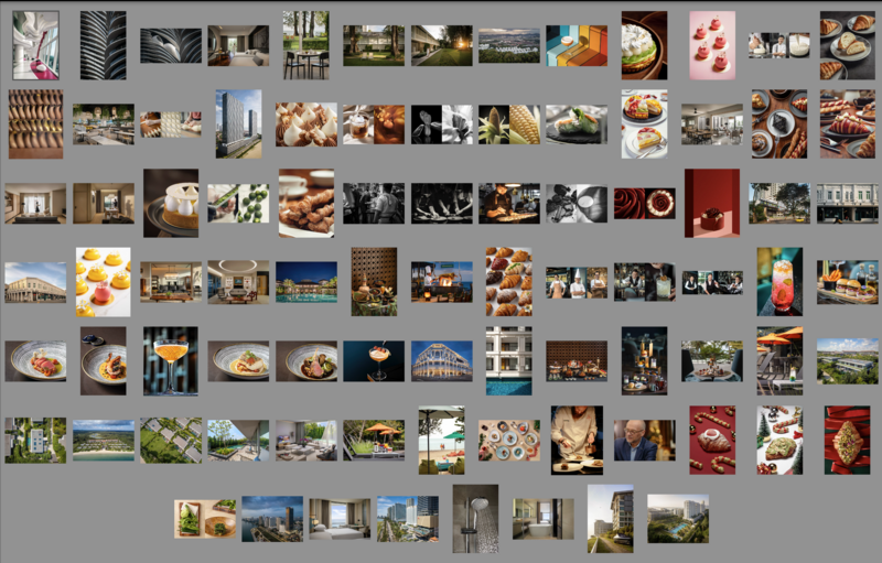 Grid of food photography and architectural images showing various dishes, dining spaces, and interior design.