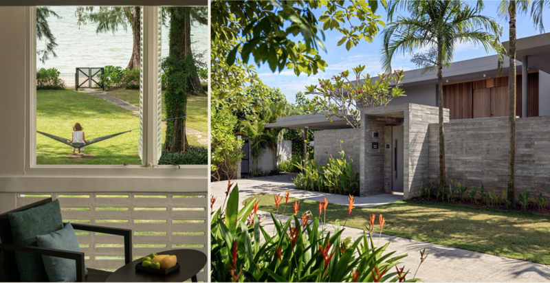 Split composition showing interior view through large windows overlooking a manicured lawn and backyard structures.