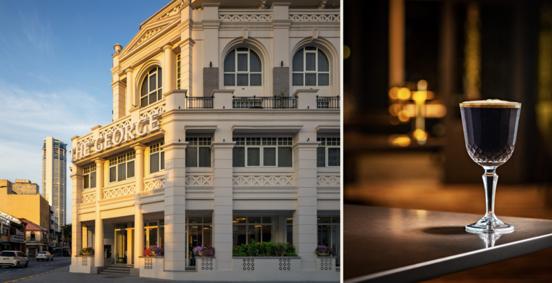 Split-frame composition showing ornate colonial-style building facade and elegant wine glass with golden light reflections.