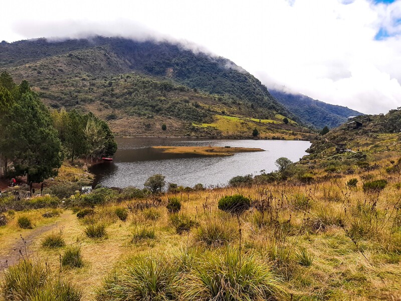 Mountain lake surrounded by grassy slopes and eucalyptus trees under partly cloudy sky.