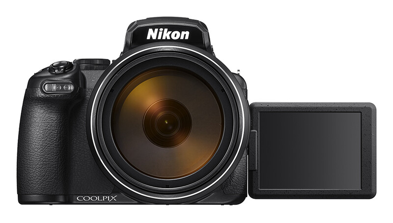 Nikon Coolpix bridge camera with articulating LCD screen extended to the right.