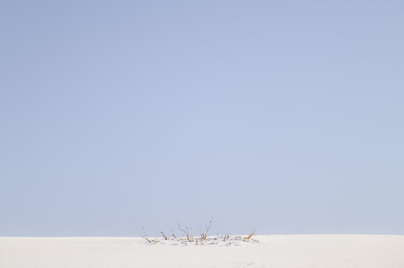 Sparse driftwood branches on a wide sandy beach beneath a pale blue sky.