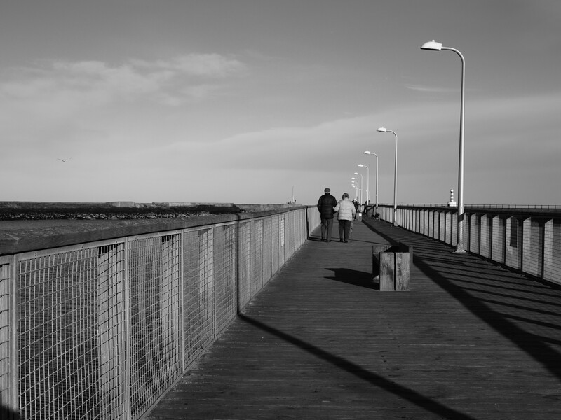 People walking on a long bridge with metal railings under overcast sky.