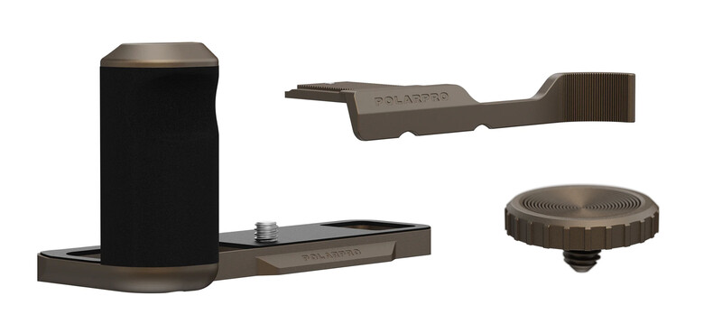 Product photography showing four disassembled camera mounting components with black and bronze finishes.
