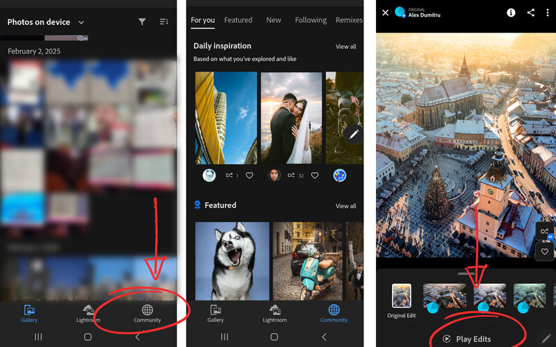 Screenshot of mobile photo editing interface with Play Edits button highlighted.