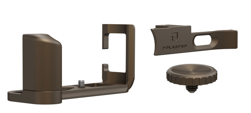 Disassembled smartphone mounting bracket components including a vertical grip, frame connector, accessory arm, and threaded mounting knob.