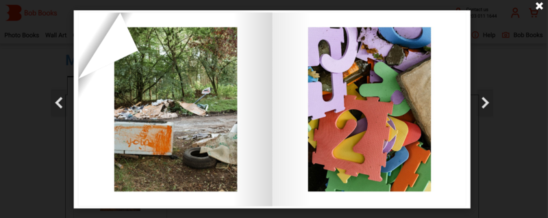 Open photo book spread showing two vibrant color photographs on facing pages.