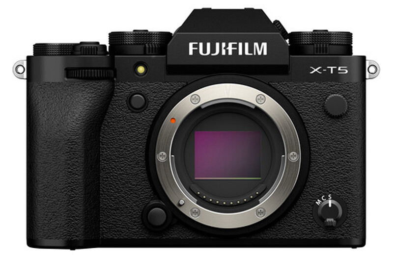 Fujifilm X-T5 mirrorless camera body shown from front with lens mount exposed.
