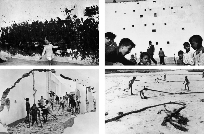 Four black and white photographs showing people in outdoor beach and recreational settings.