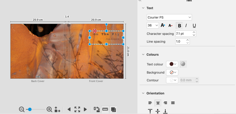 Screenshot of design software showing text layout tools with orange and brown textile image.