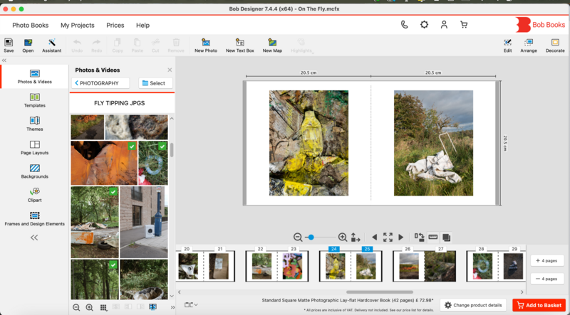 Screenshot of Bob Designer layout software showing a two-page spread with nature photography selections.