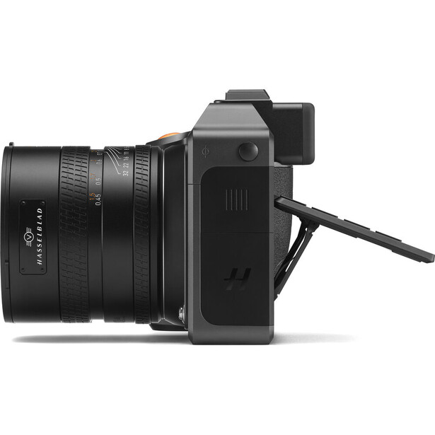Compact rangefinder camera with attached prime lens shown from the side profile view.