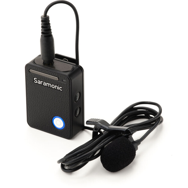 Saramonic wireless lavalier microphone system with compact receiver box and attached omnidirectional microphone.
