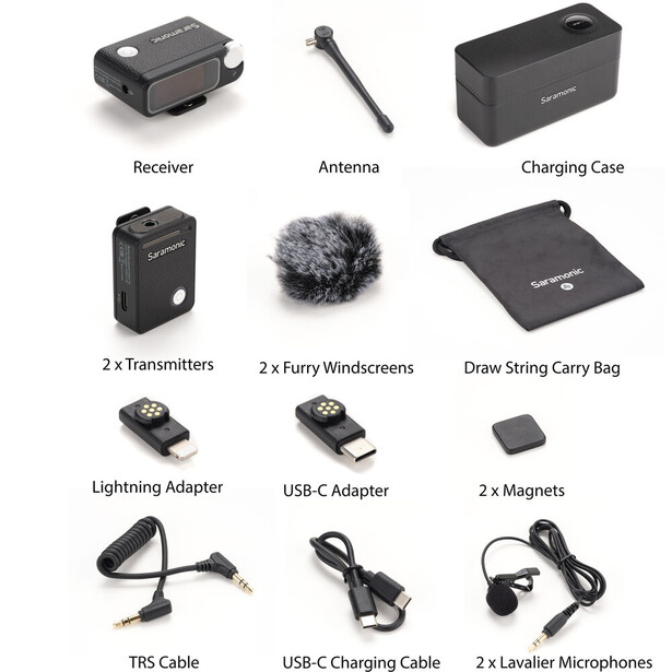 Complete wireless microphone system accessories laid out in organized grid layout.