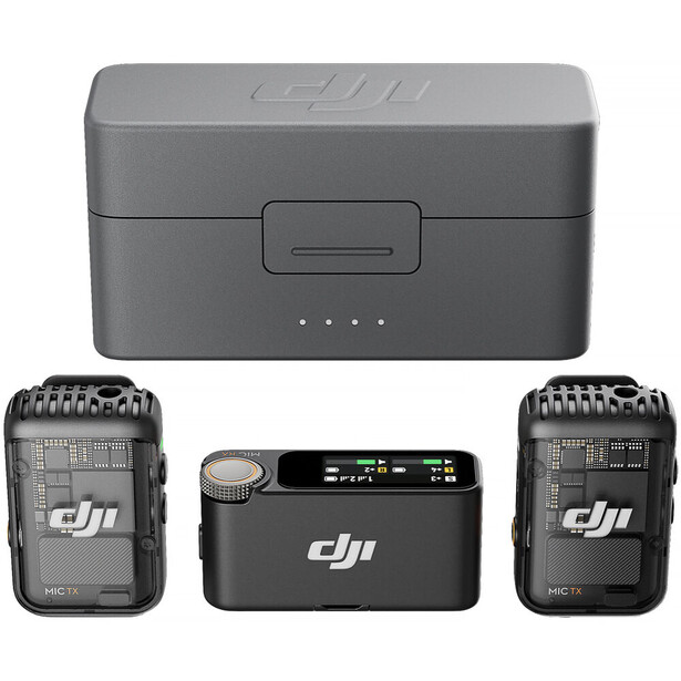 DJI Mic wireless microphone system with charging case, batteries, and transmitter unit displayed.