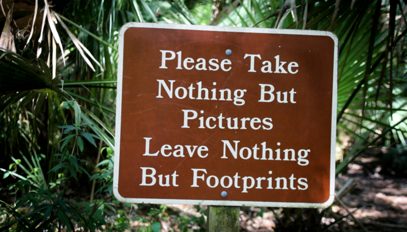 Brown sign with white text reading "Please Take Nothing But Pictures Leave Nothing But Footprints" surrounded by green foliage.