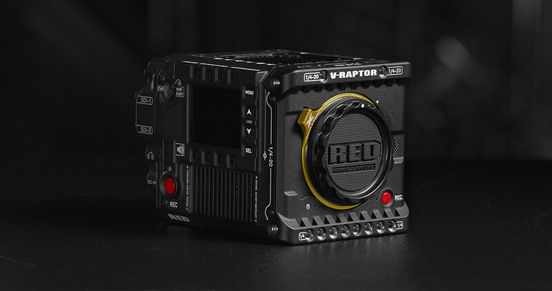 RED V-RAPTOR cinema camera with black body and gold-accented lens against dark background.