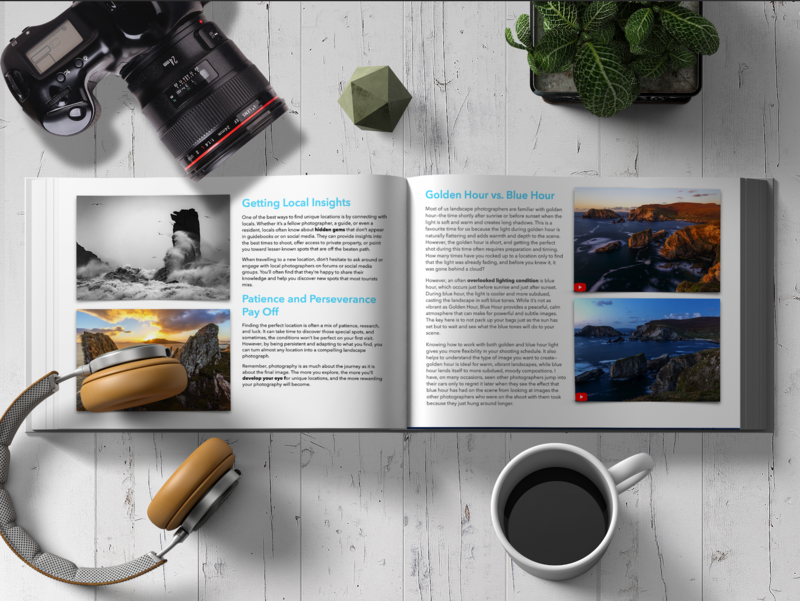 Flat lay of photography workspace with open magazine, professional camera equipment, headphones, coffee cup, and potted plants on white wooden surface.