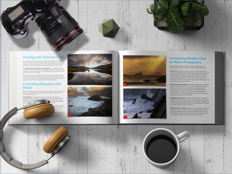 Flat lay of photography gear and educational materials on white wooden surface.