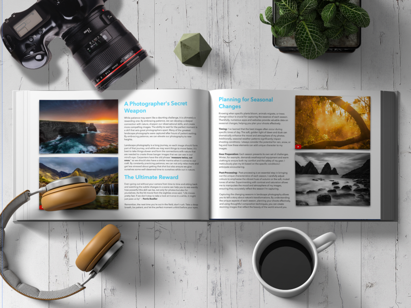 Flat lay of photography equipment and an open magazine spread on a white wooden surface.
