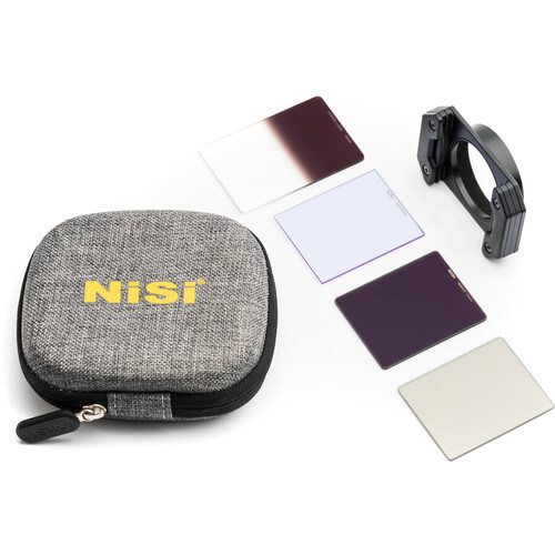 NISI filter kit with gray carrying case, lens adapter ring, and square neutral density and graduated filters.