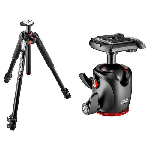 Professional tripod with three extended legs and ball head mount alongside compact ball head with quick-release plate.