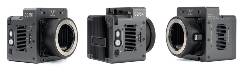 Three professional cinema cameras shown from left, front, and right angles displaying sensor mounts and cooling systems.