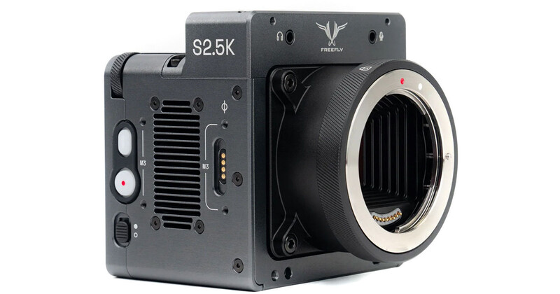 Firefly S2.5K cinema camera body shown from the side with lens mount and cooling vents visible.