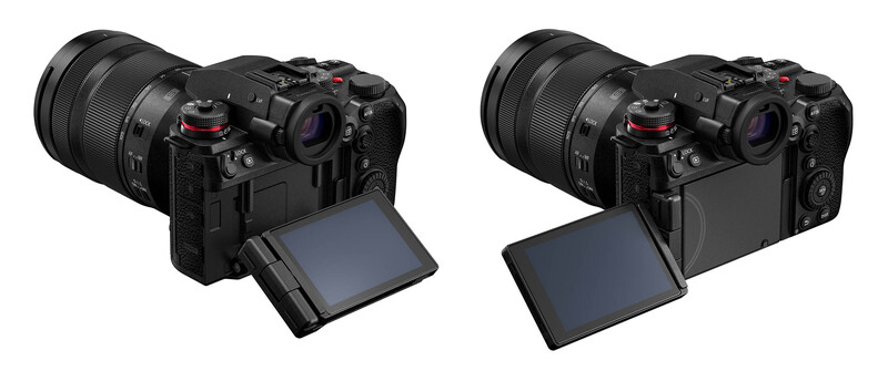 Two views of a mirrorless camera with articulating touchscreen display and attached zoom lens.