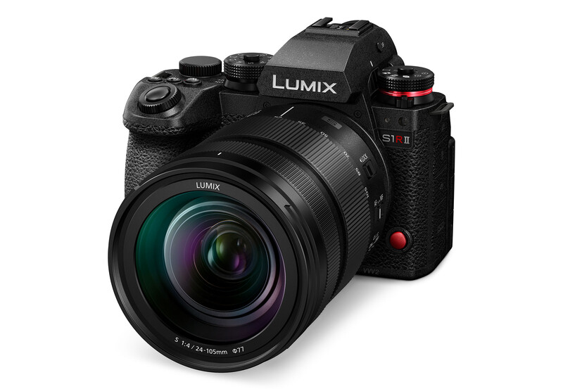 Panasonic Lumix S1H mirrorless camera with 24-105mm lens attached, shown from front angle.