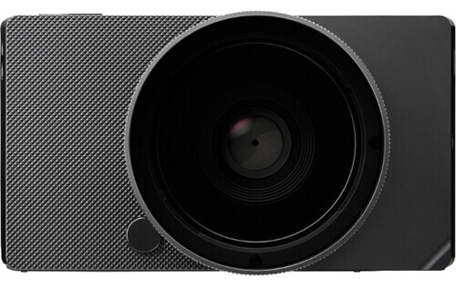 Compact dashcam or action camera with dark gray textured body and large black circular lens element.