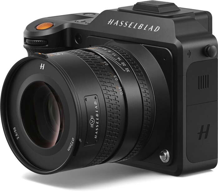 Hasselblad medium format camera with attached lens, shown from three-quarter view against white background.