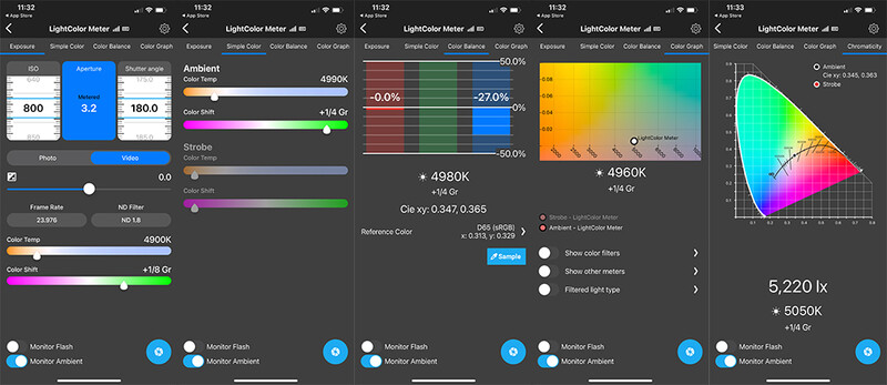 Screenshot of LightMeter app showing multiple color temperature and light metering controls.