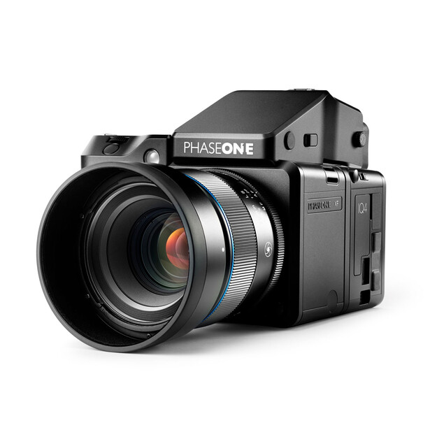 Phase One IQ4 medium format camera with 80mm lens mounted and lens hood attached.