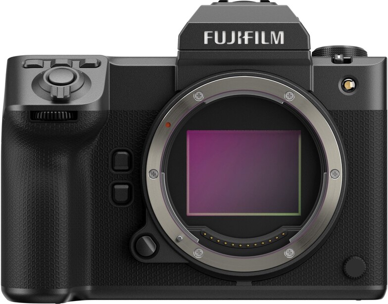 Fujifilm GFX medium format mirrorless camera body shown from front, displaying open sensor and mirror box.