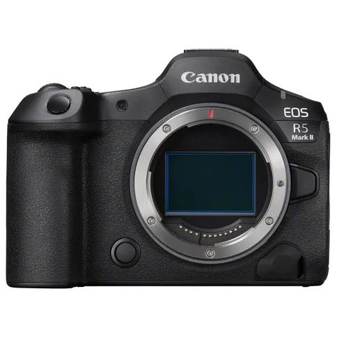 Canon EOS R5 Mark II mirrorless camera body front view with open mirror box.