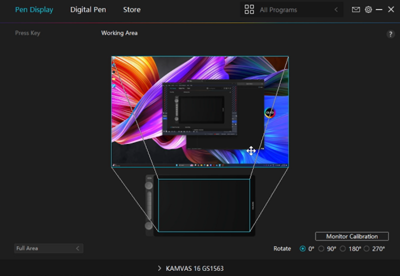Screenshot of digital pen display calibration software showing monitor rotation and working area mapping.