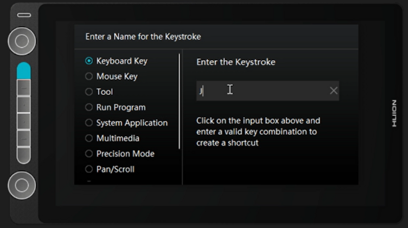 Screenshot of keystroke customization dialog with Keyboard Key option selected.