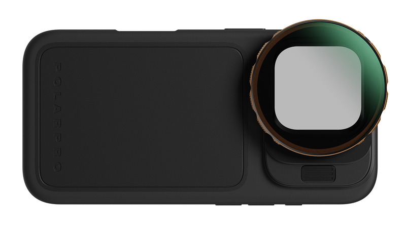 Dual smartphone lens accessory with circular attachment and rectangular mounting base on black background.