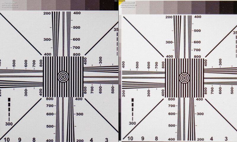 Side-by-side comparison of test chart calibration patterns with vertical resolution bars and diagonal lines.