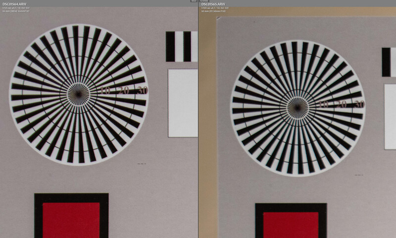 Side-by-side comparison of radial starburst patterns on gray backgrounds with color reference squares.