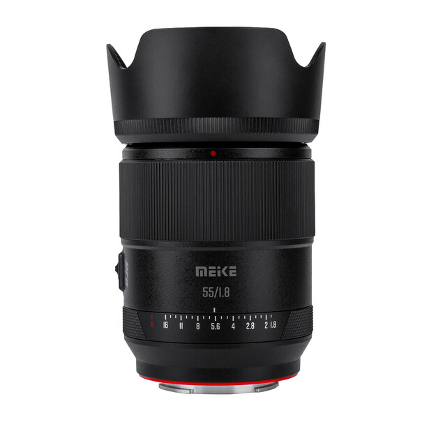 Meike 85mm f/1.8 lens with lens hood attached, shown in product photography against white background.