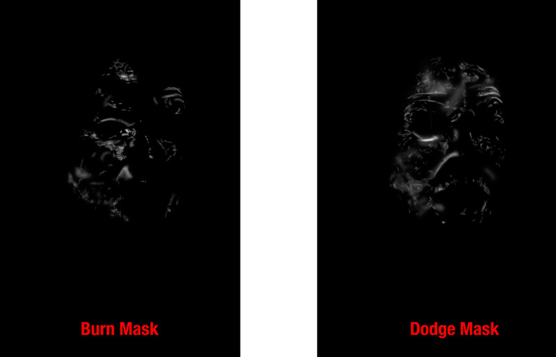 Side-by-side comparison of two sculptural masks with dramatic lighting against black backgrounds.