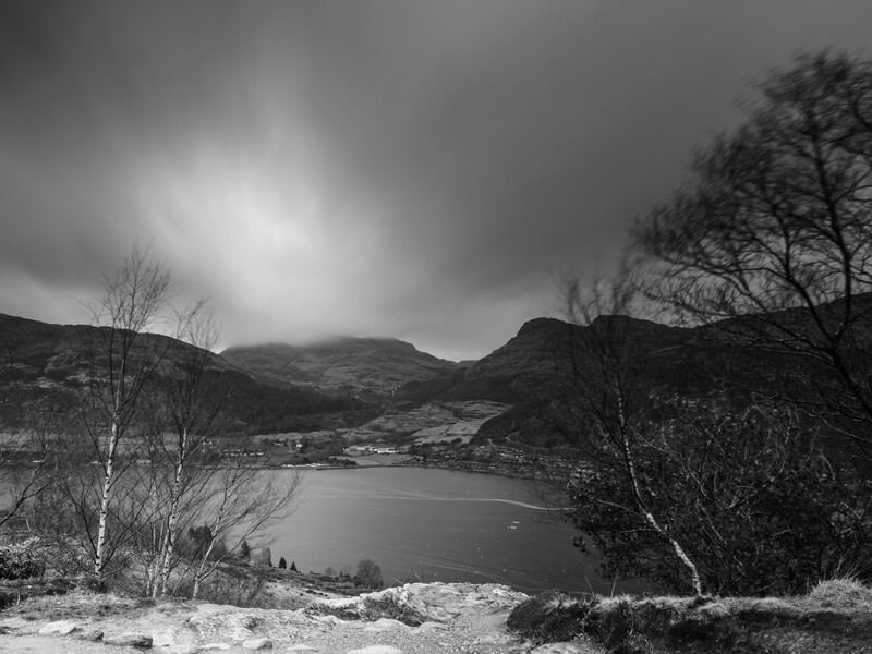 Monochrome landscape with a dark lake framed by bare birch trees and distant mountains under overcast sky.
