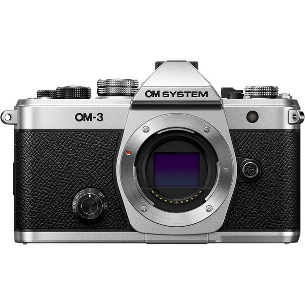 OM System OM-3 rangefinder camera with chrome top plate and black textured body, shown from front.