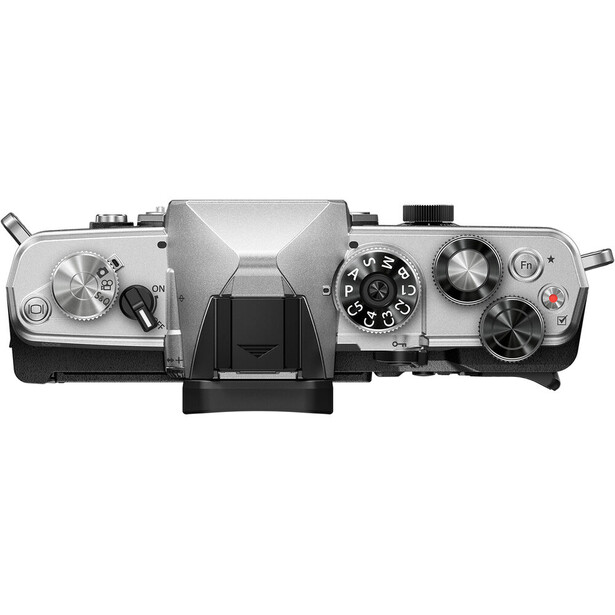 Top-down view of a silver rangefinder camera body showing mechanical controls and lens assembly.