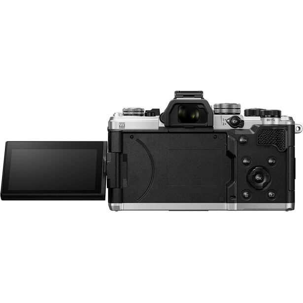 Mirrorless camera with articulating touchscreen displayed in back and overhead view.