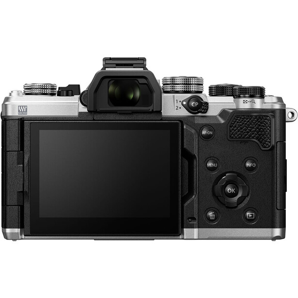 Rear view of a mirrorless camera with articulating touchscreen display and control buttons.