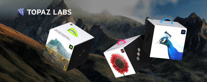 Topaz Labs software product boxes displayed on a mountainous landscape backdrop.